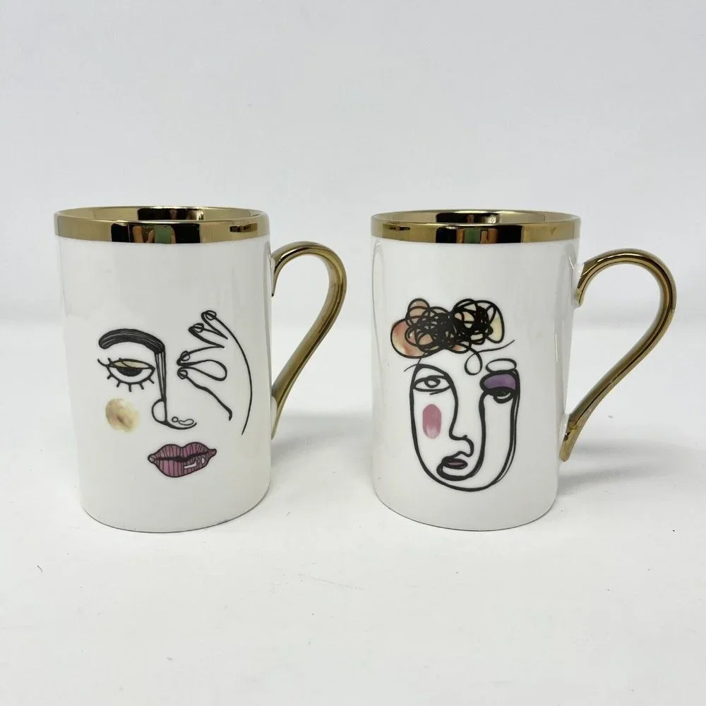 Picasso Style Line Drawing Face Coffee‎ Cup Set of 2 Gold Accent 4